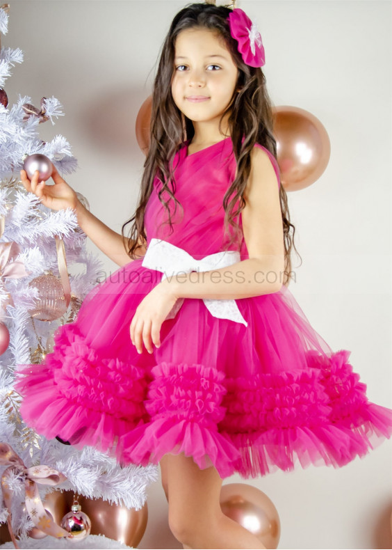 Fuchsia Tulle Pleated Ruffle Flower Girl Dress